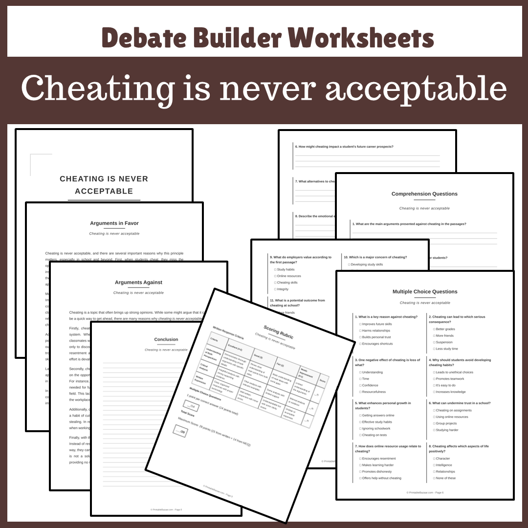 Cheating is never acceptable | Favour and Against Worksheet Printable Activity