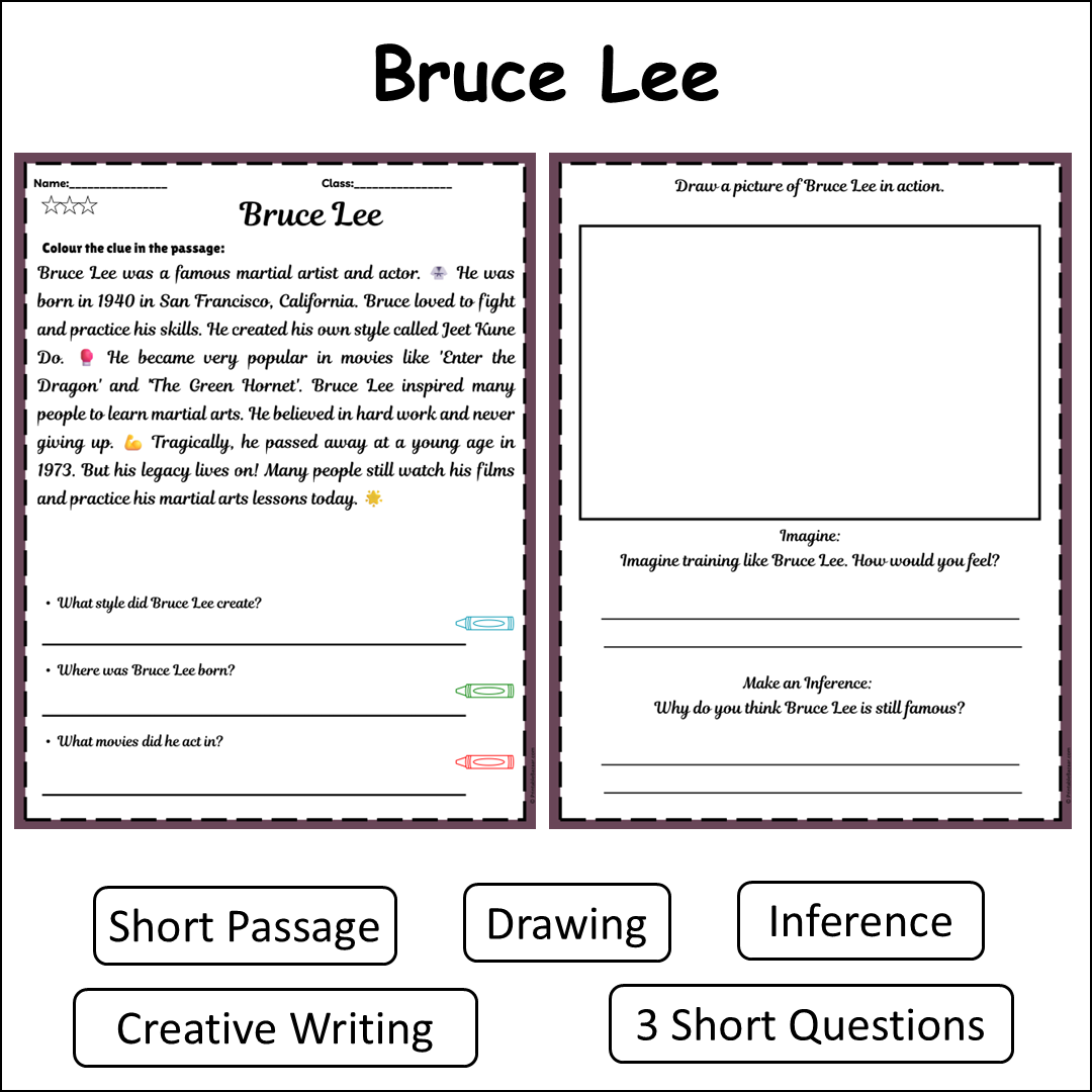 Bruce Lee | Short Reading Comprehension Creative Worksheet