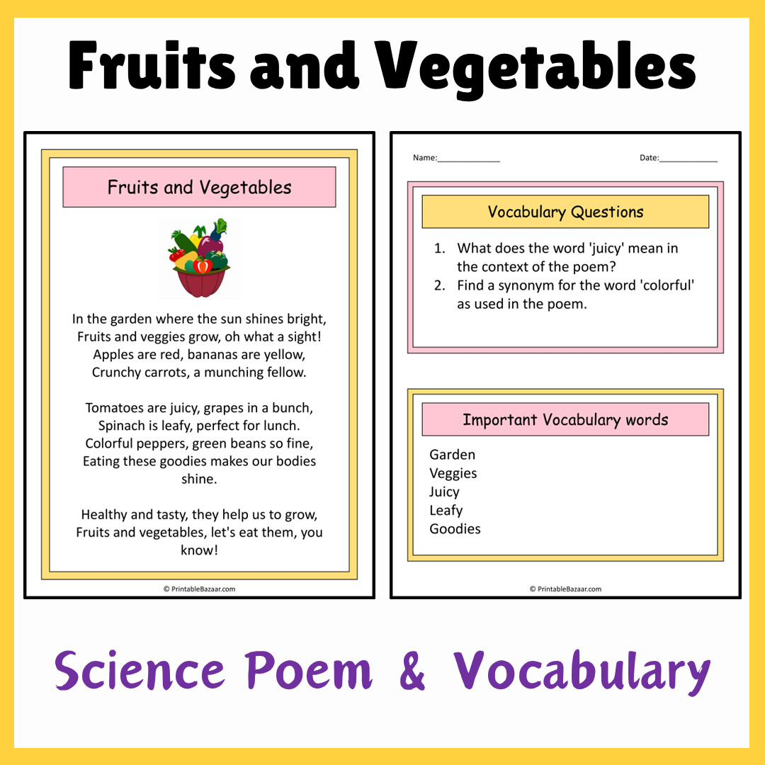 Fruits and Vegetables | Science Poem Reading Comprehension Activity