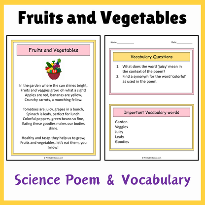 Fruits and Vegetables | Science Poem Reading Comprehension Activity