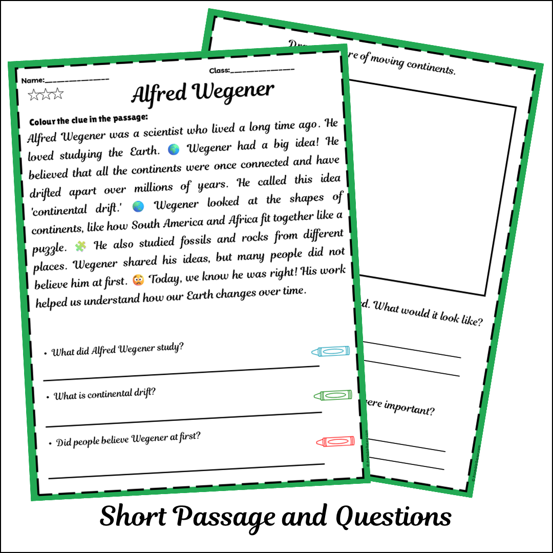 Alfred Wegener | Short Reading Comprehension Creative Worksheet