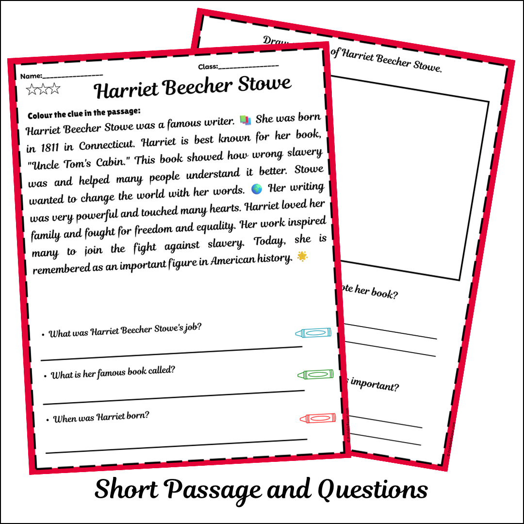 Harriet Beecher Stowe | Short Reading Comprehension Creative Worksheet