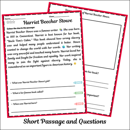 Harriet Beecher Stowe | Short Reading Comprehension Creative Worksheet