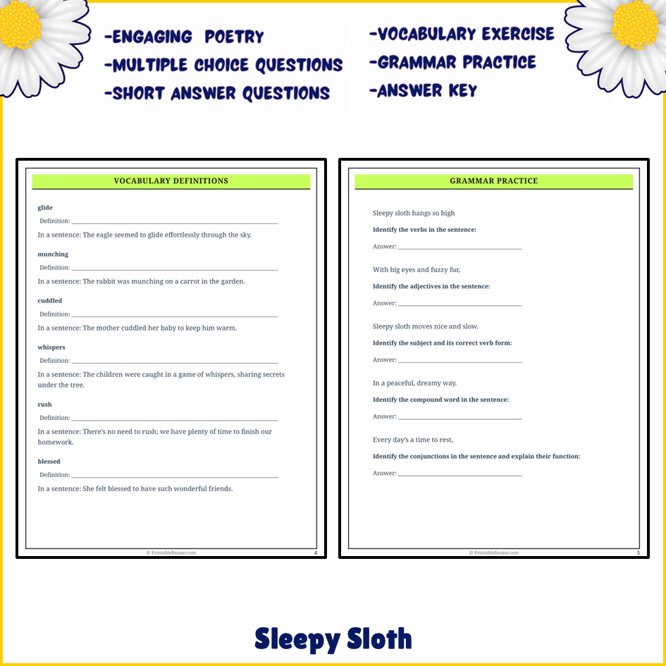 Sleepy Sloth | Poem Grammar Worksheet Printable Activity