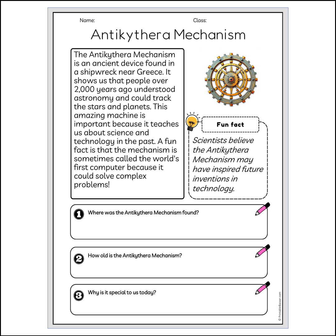 Antikythera Mechanism | Reading Passage Comprehension Questions Writing Facts Worksheet