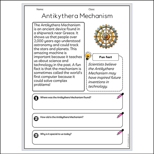 Antikythera Mechanism | Reading Passage Comprehension Questions Writing Facts Worksheet