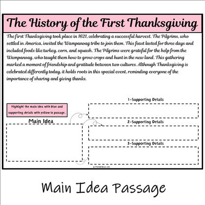 The History of the First Thanksgiving | Main Idea and Supporting Details Reading Passage and Questions