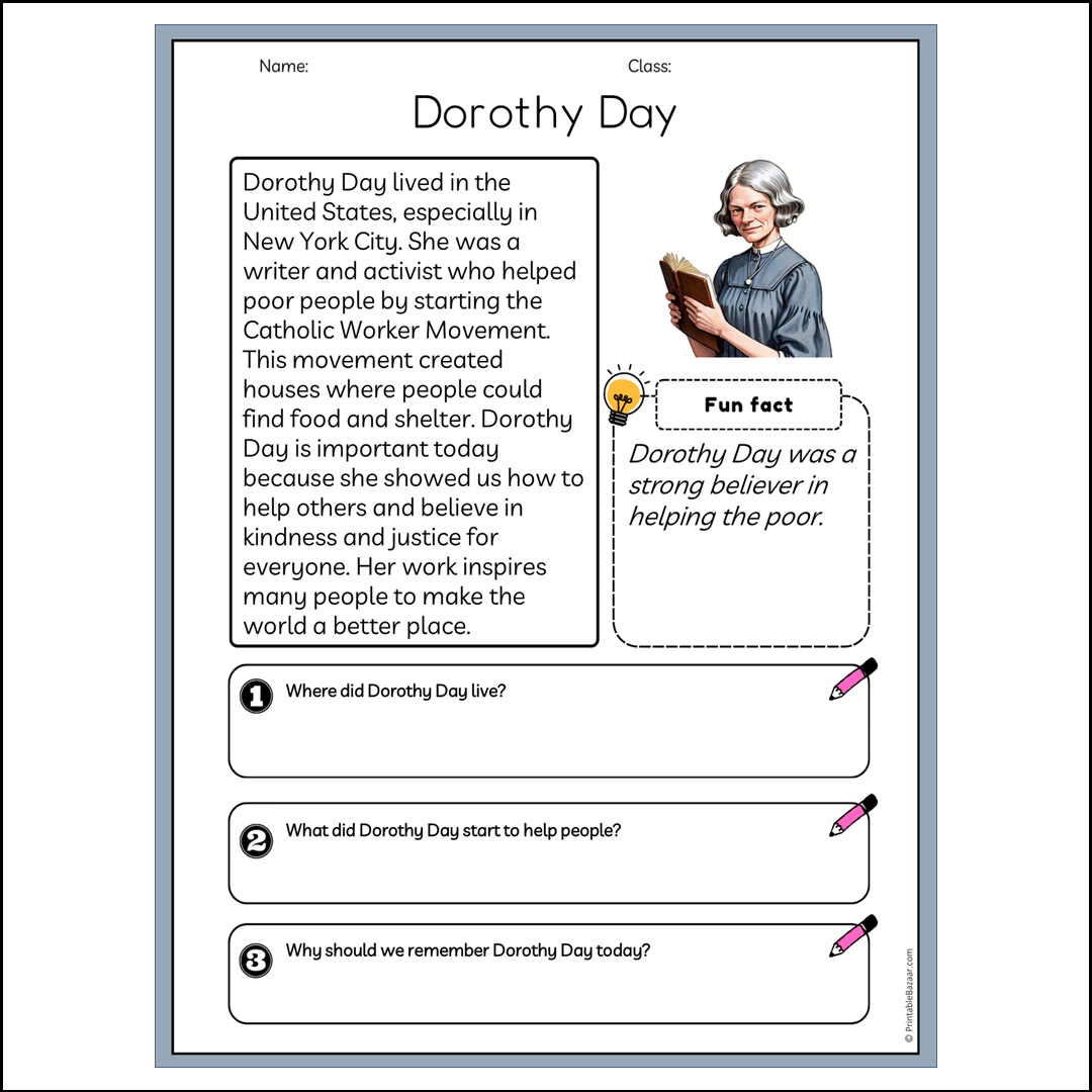 Dorothy Day | Reading Passage Comprehension Questions Writing Facts Worksheet