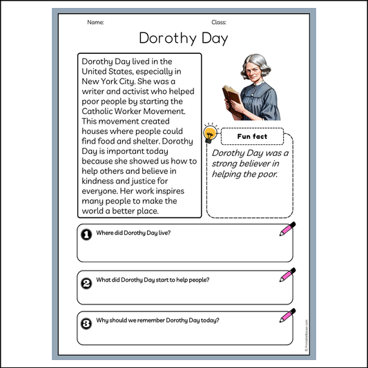 Dorothy Day | Reading Passage Comprehension Questions Writing Facts Worksheet