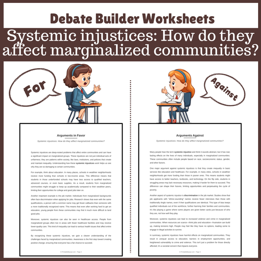 Systemic injustices: How do they affect marginalized communities? | Favour and Against Worksheet Printable Activity