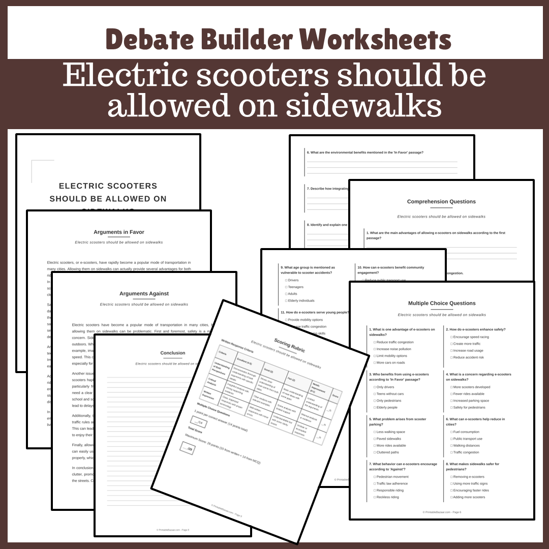 Electric scooters should be allowed on sidewalks | Favour and Against Worksheet Printable Activity