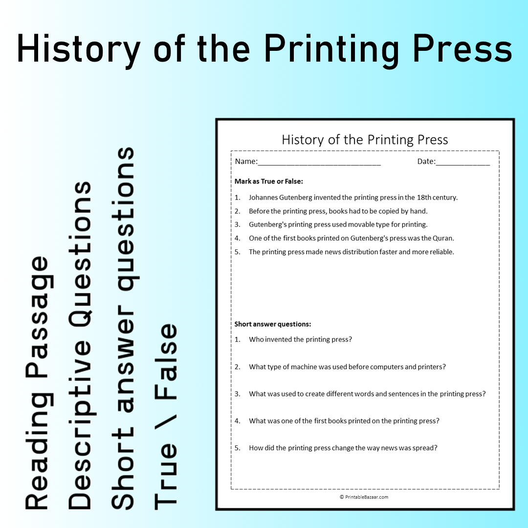 History of the Printing Press | Reading Comprehension Passage Printable Worksheet