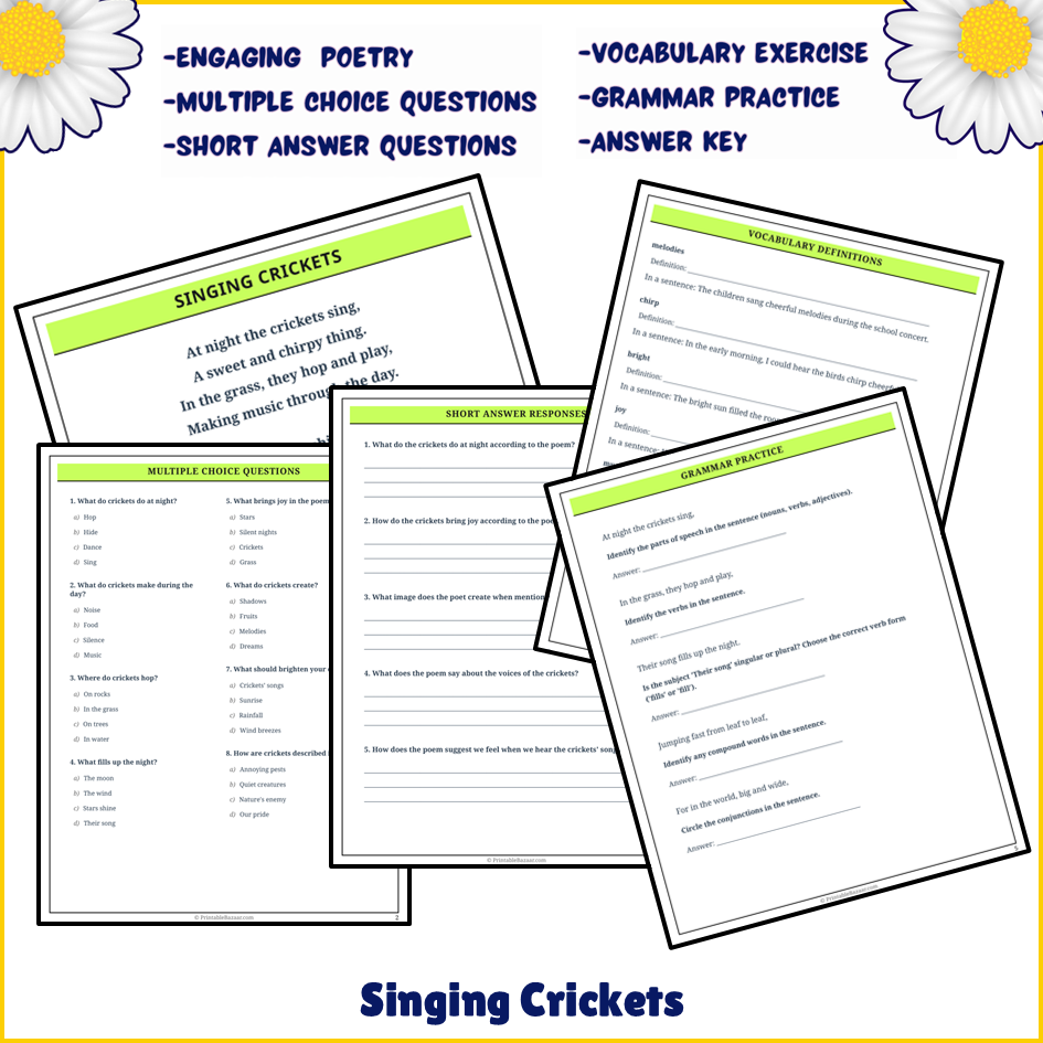 Singing Crickets | Poem Grammar Worksheet Printable Activity