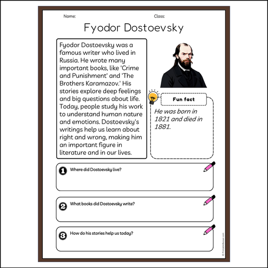 Fyodor Dostoevsky | Reading Passage Comprehension Questions Writing Facts Worksheet