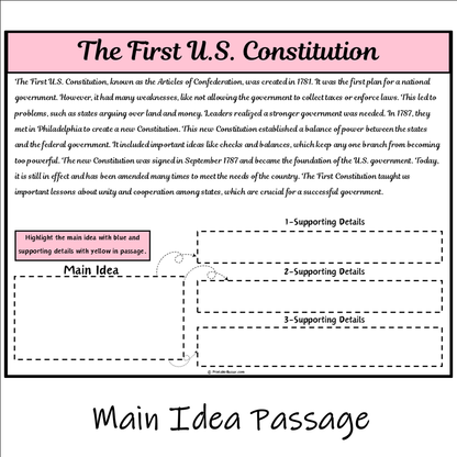 The First U.S. Constitution | Main Idea and Supporting Details Reading Passage and Questions