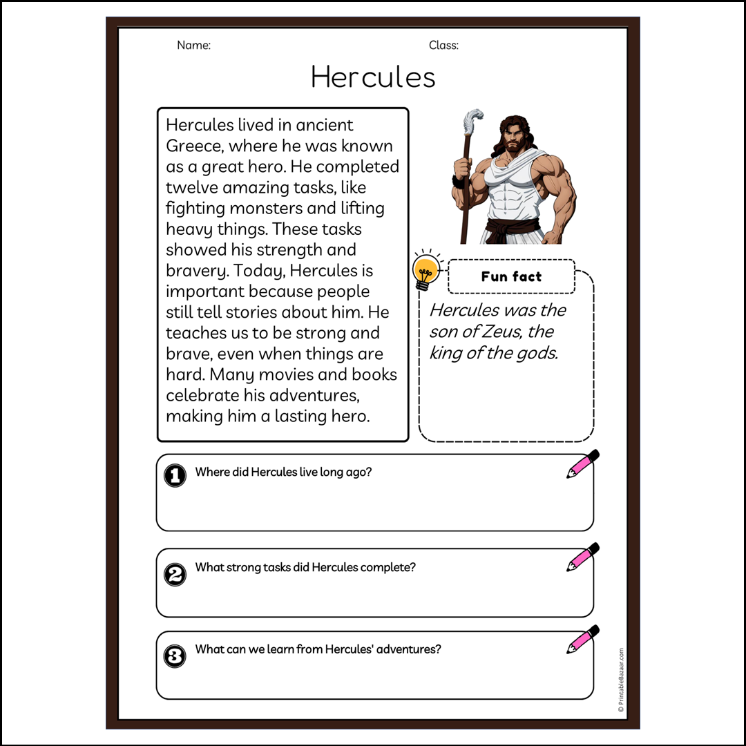 Hercules | Reading Passage Comprehension Questions Writing Facts Worksheet