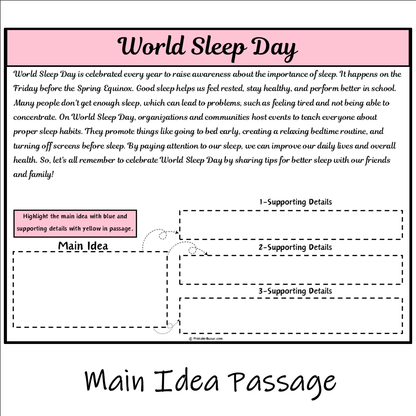 World Sleep Day | Main Idea and Supporting Details Reading Passage and Questions