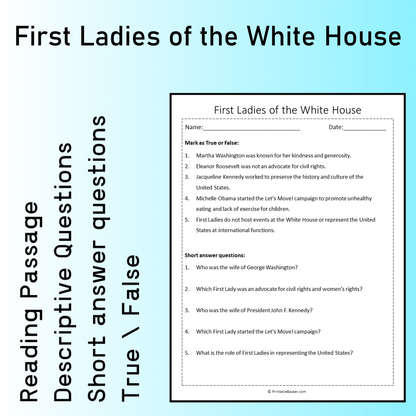 First Ladies of the White House | Reading Comprehension Passage Printable Worksheet