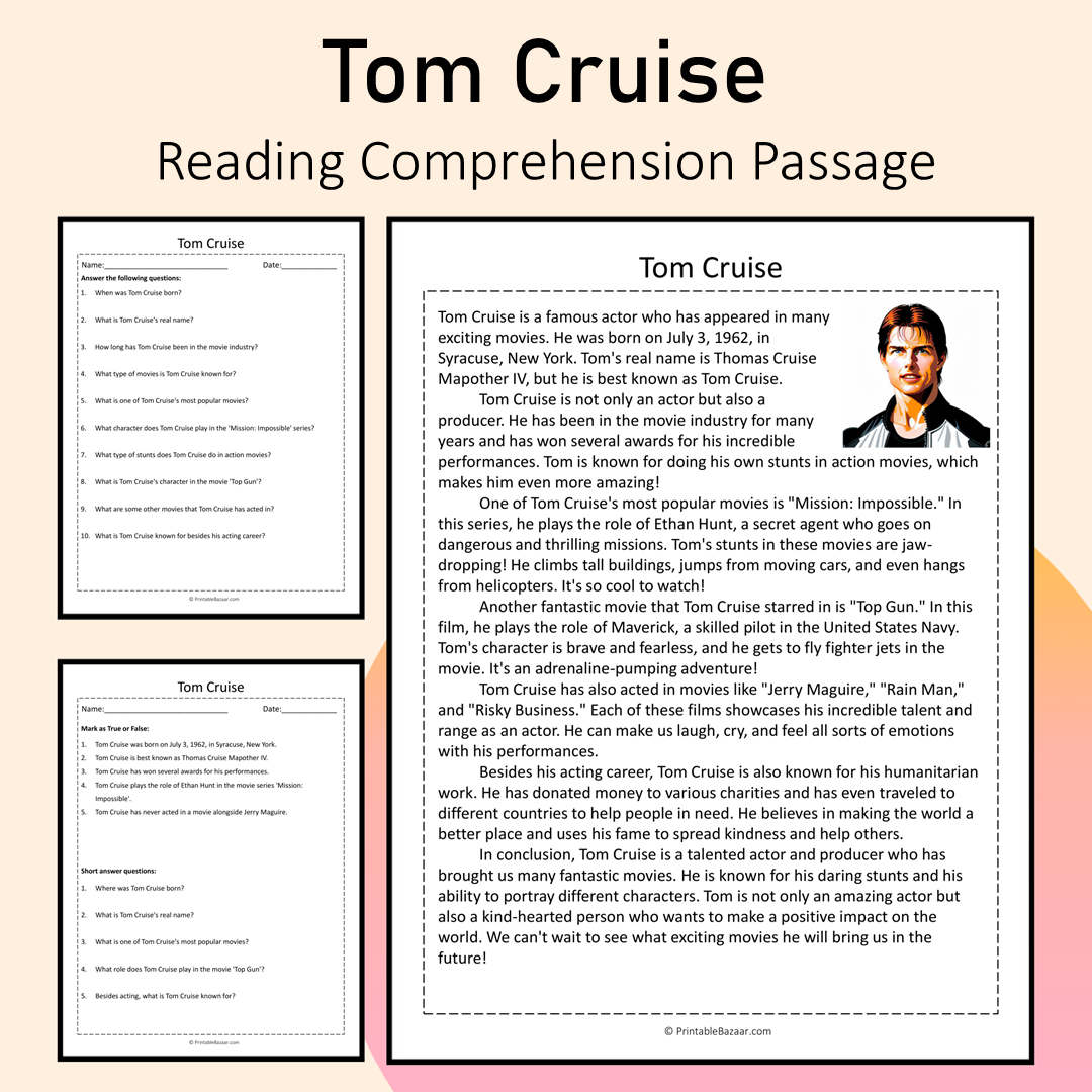 Tom Cruise | Reading Comprehension Passage Printable Activity