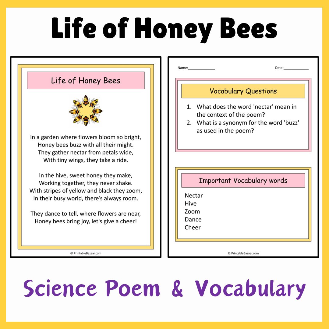 Life of Honey Bees | Science Poem Reading Comprehension Activity