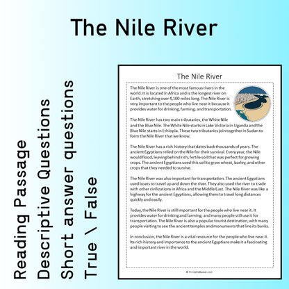 The Nile River | Reading Comprehension Passage Printable Worksheet