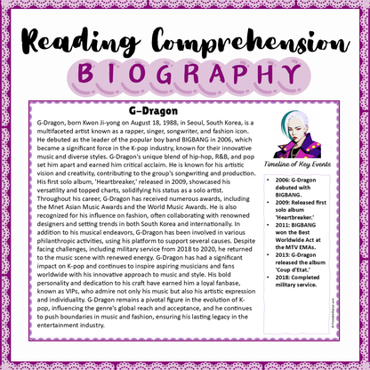 G-Dragon | Biography Reading Comprehension and Questions Worksheet