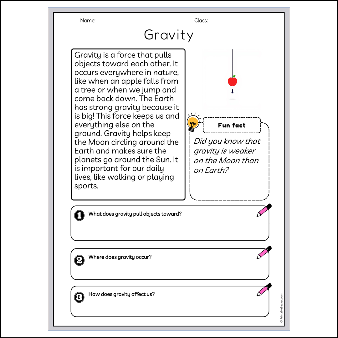 Gravity | Reading Passage Comprehension Questions Writing Facts Worksheet