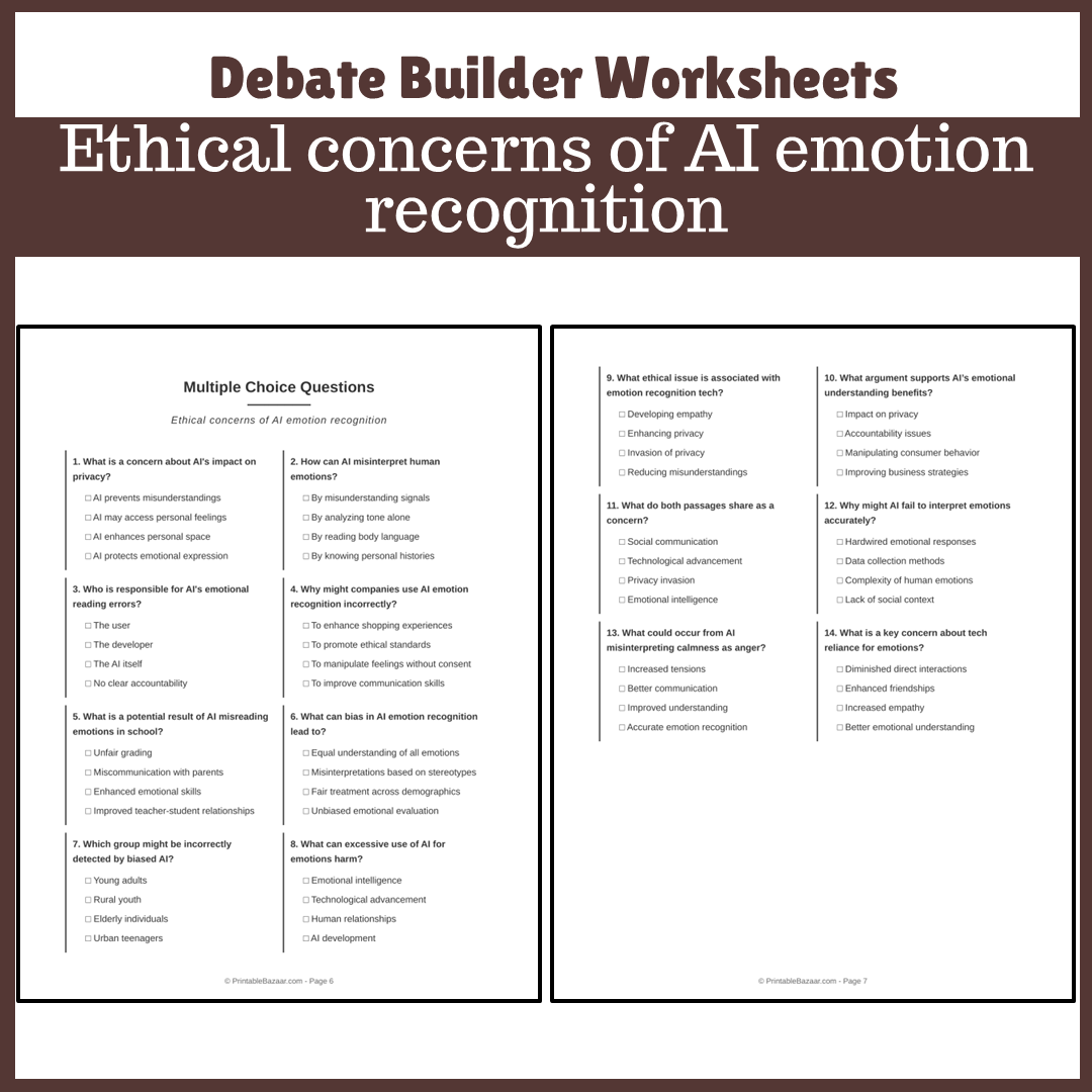 Ethical concerns of AI emotion recognition | Favour and Against Worksheet Printable Activity