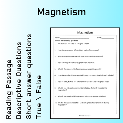 Magnetism | Reading Comprehension Passage Printable Worksheet