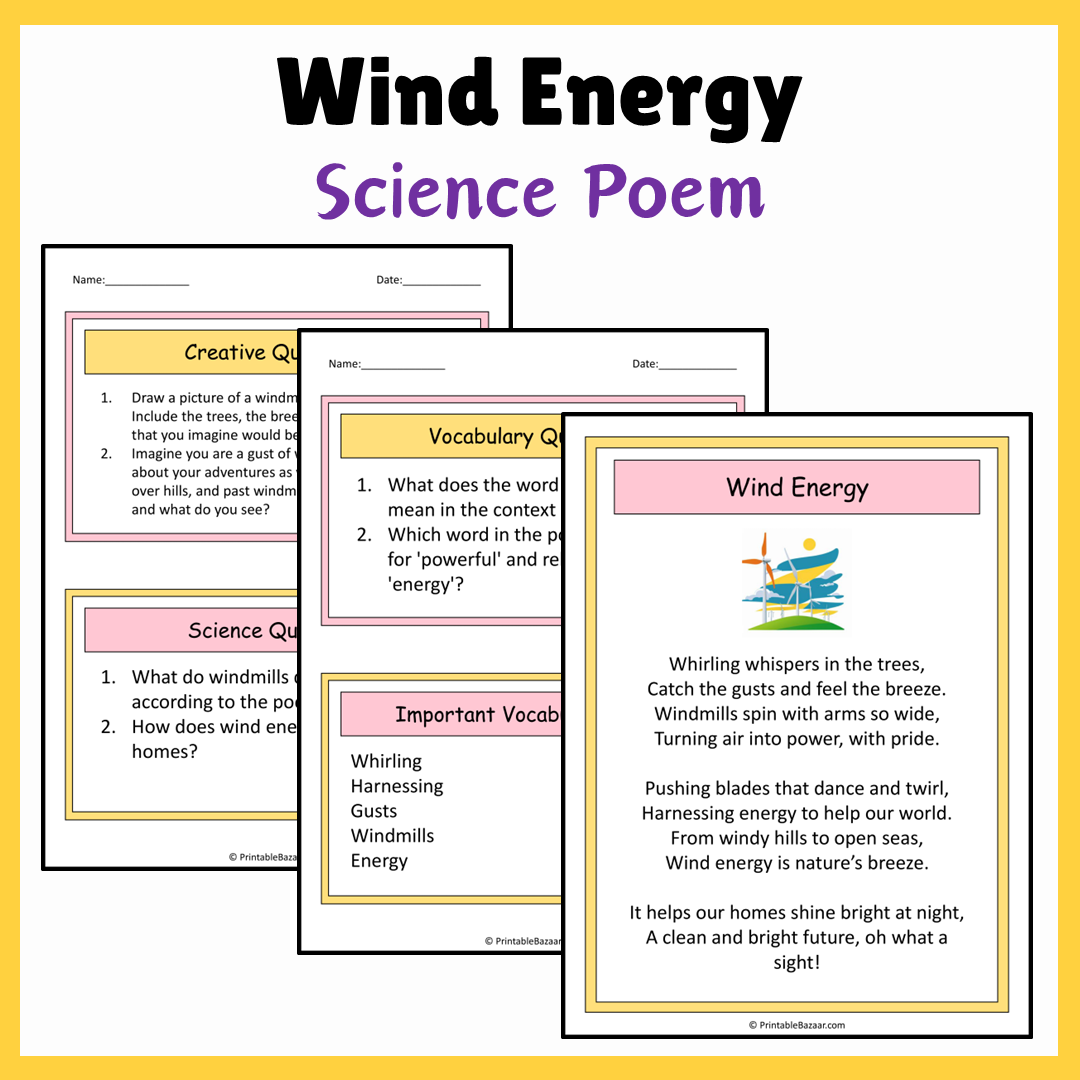 Wind Energy | Science Poem Reading Comprehension Activity