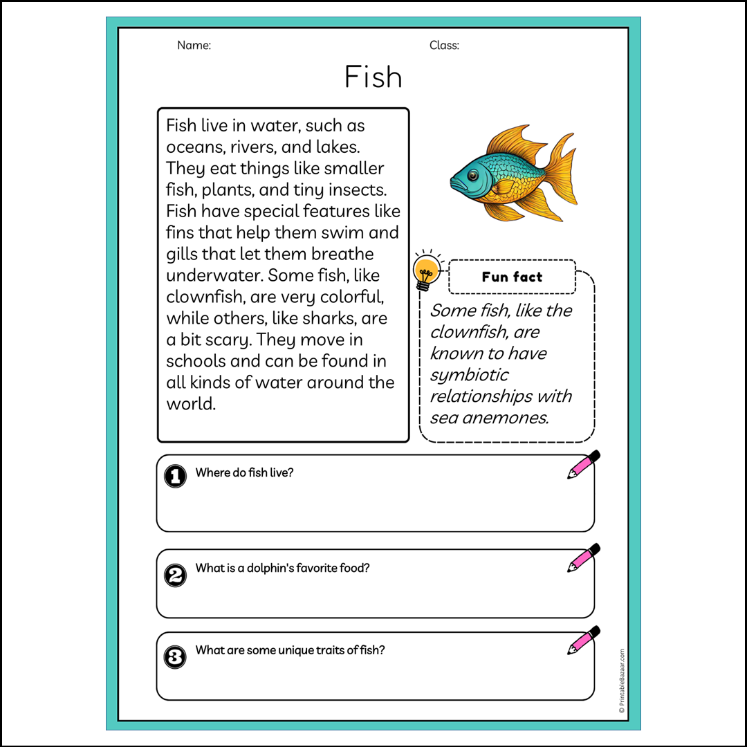 Fish | Reading Passage Comprehension Questions Writing Facts Worksheet