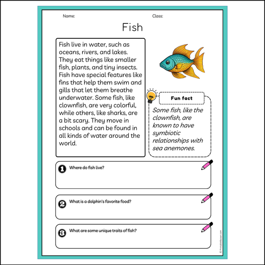 Fish | Reading Passage Comprehension Questions Writing Facts Worksheet