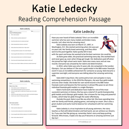 Katie Ledecky | Reading Comprehension Passage Printable Activity