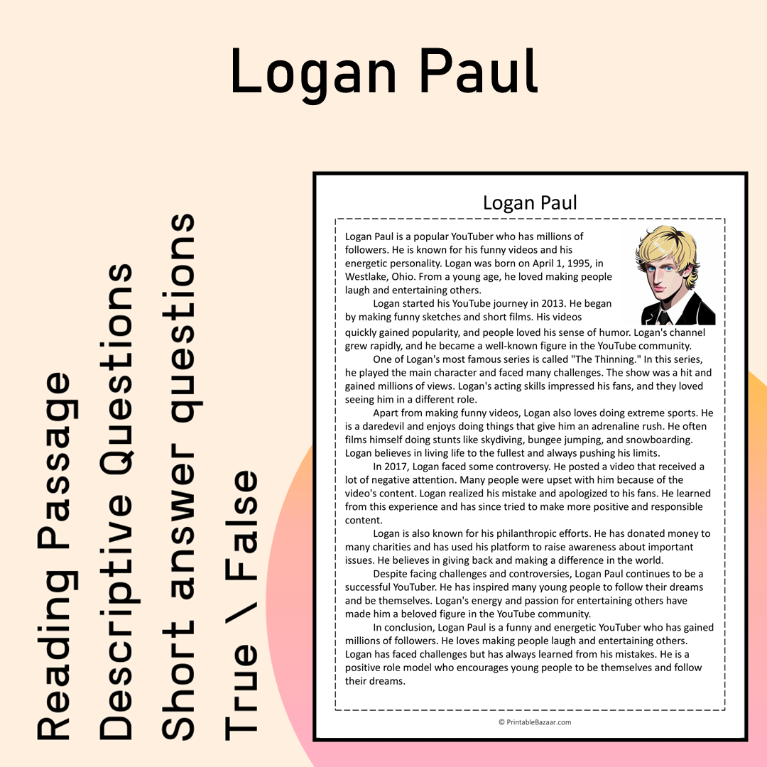 Logan Paul | Reading Comprehension Passage Printable Activity