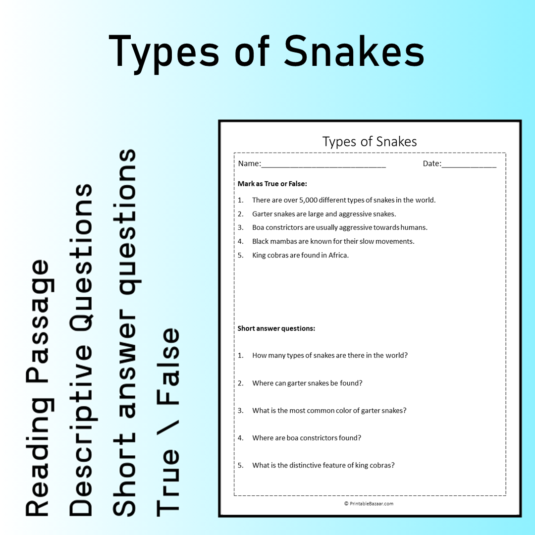 Types of Snakes | Reading Comprehension Passage Printable Worksheet