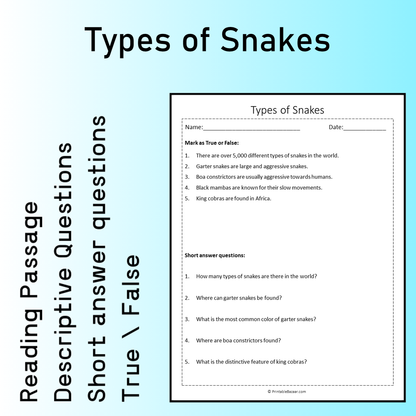 Types of Snakes | Reading Comprehension Passage Printable Worksheet