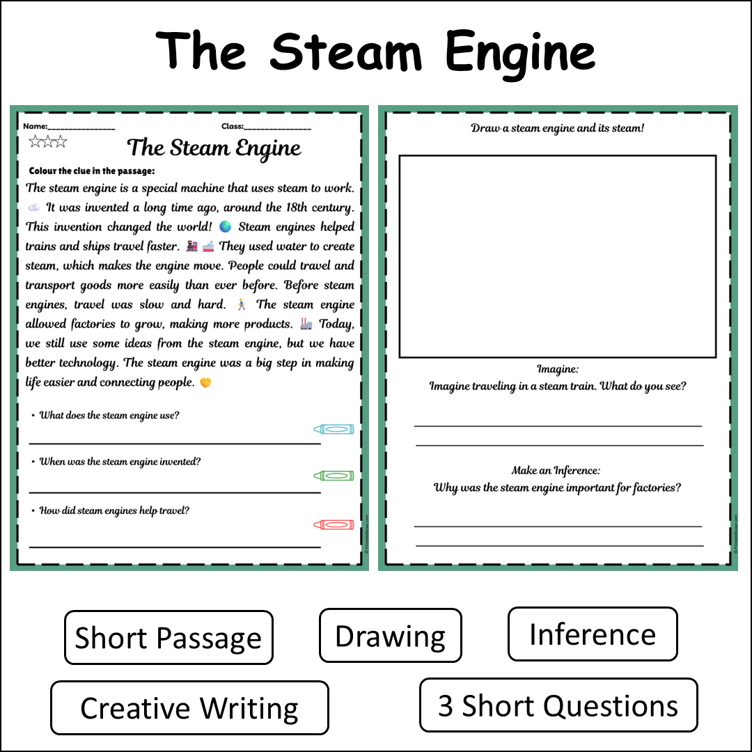 The Steam Engine | Short Reading Comprehension Creative Worksheet