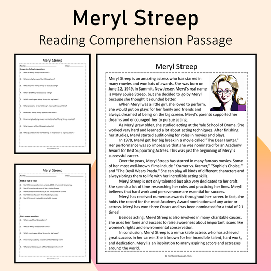 Meryl Streep | Reading Comprehension Passage Printable Activity