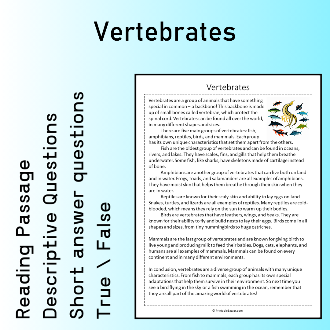 Vertebrates | Reading Comprehension Passage Printable Worksheet