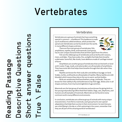 Vertebrates | Reading Comprehension Passage Printable Worksheet