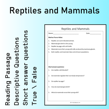 Reptiles and Mammals | Reading Comprehension Passage Printable Worksheet
