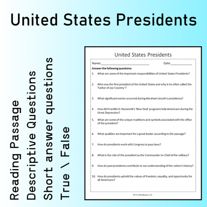 United States Presidents | Reading Comprehension Passage Printable Worksheet