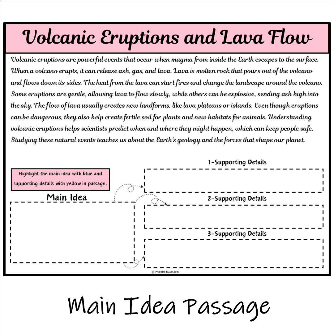 Volcanic Eruptions and Lava Flow | Main Idea and Supporting Details Reading Passage and Questions