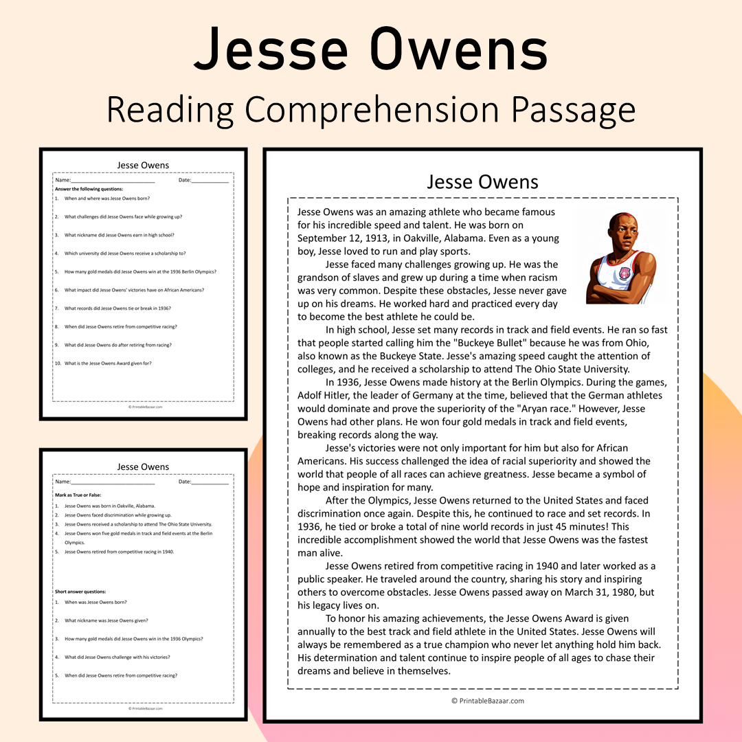 Jesse Owens | Reading Comprehension Passage Printable Activity