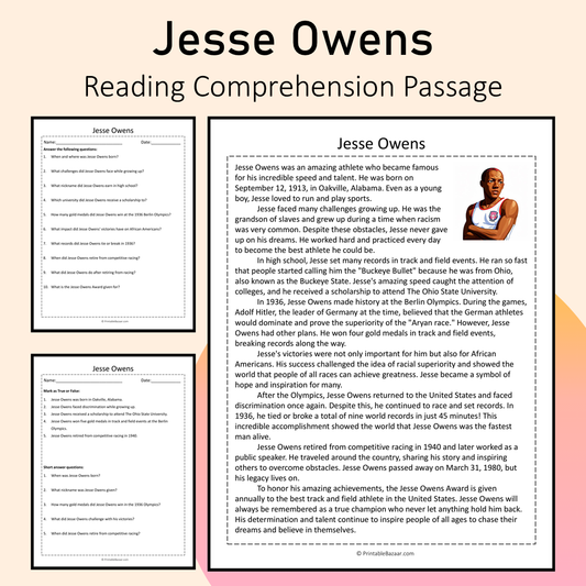 Jesse Owens | Reading Comprehension Passage Printable Activity