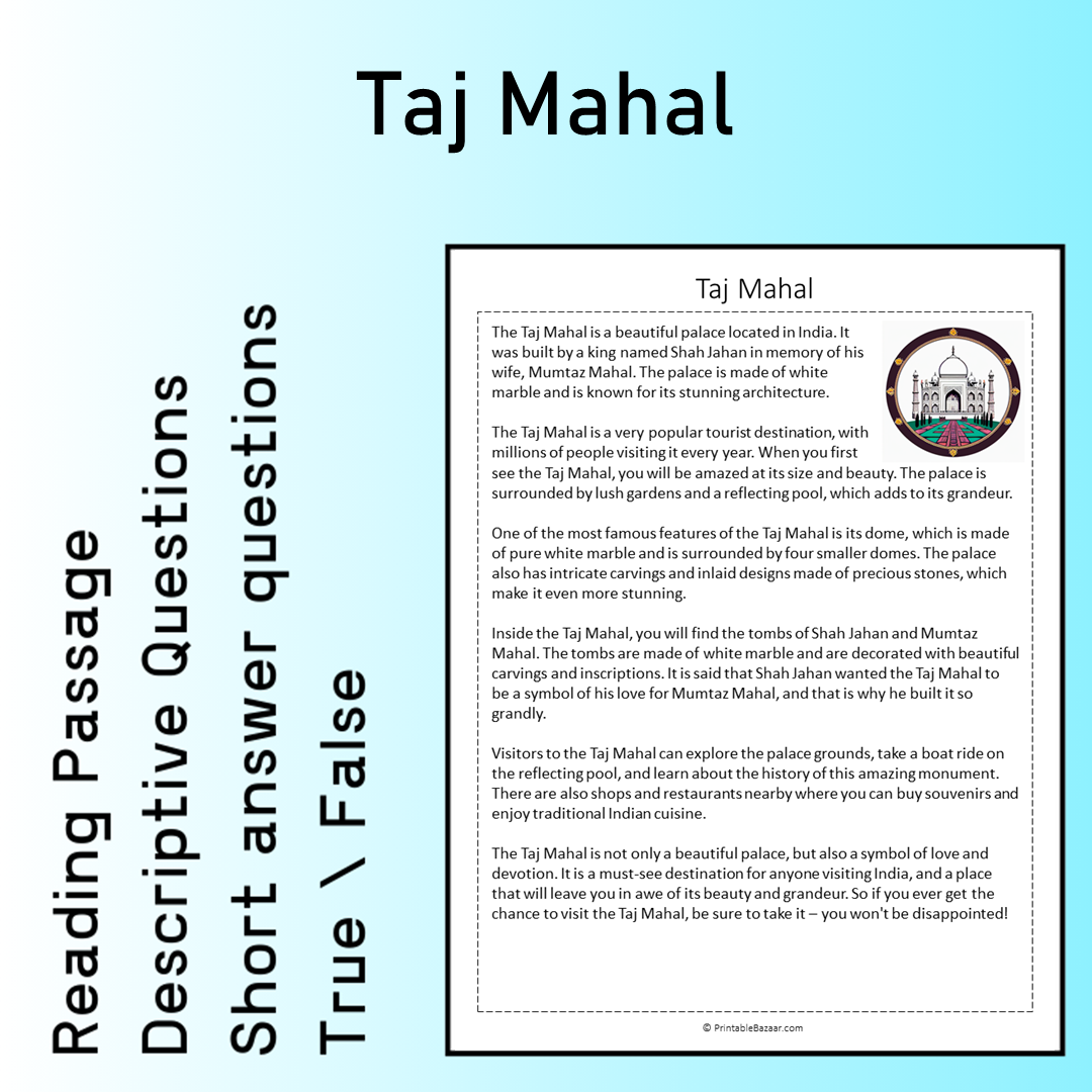 Taj Mahal | Reading Comprehension Passage Printable Worksheet