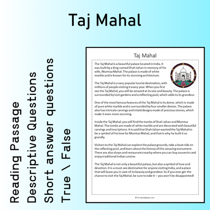 Taj Mahal | Reading Comprehension Passage Printable Worksheet