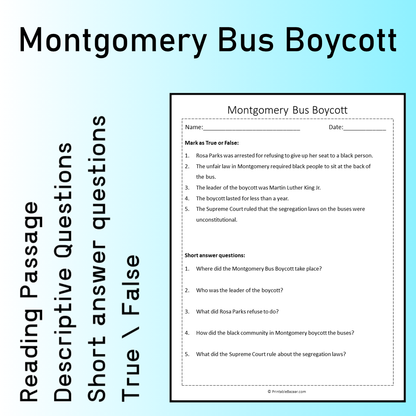 Montgomery Bus Boycott | Reading Comprehension Passage Printable Worksheet