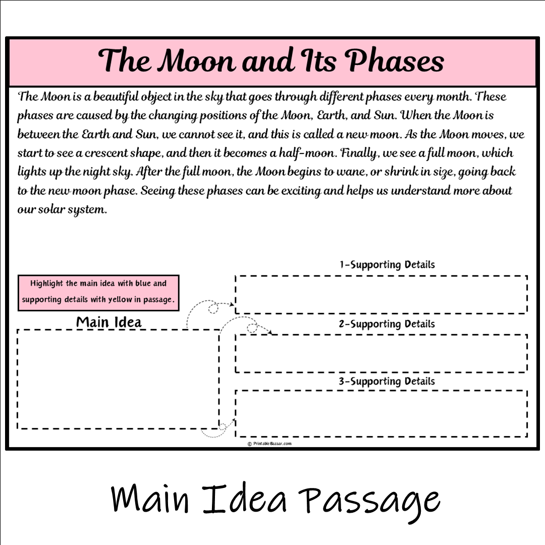 The Moon and Its Phases | Main Idea and Supporting Details Reading Passage and Questions