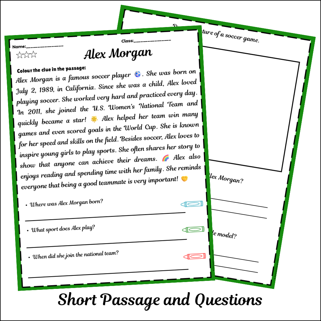 Alex Morgan | Short Reading Comprehension Creative Worksheet